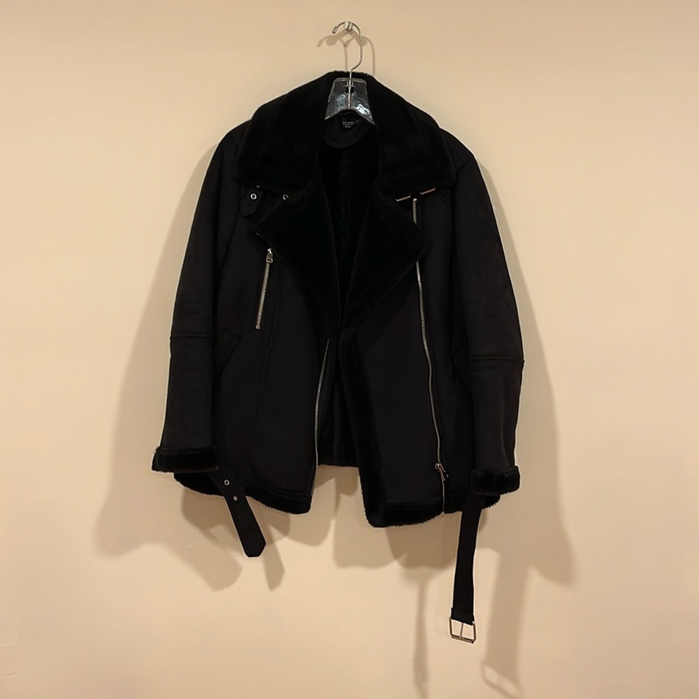 Topshop Faux Suede and Shearling Biker Jacket Size 6